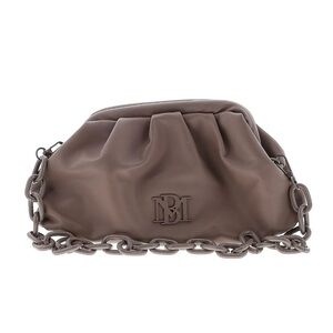 Badgley Mischka Leather Clutch Taupe Grey/Brown Removable Chunky Chain Strap NEW